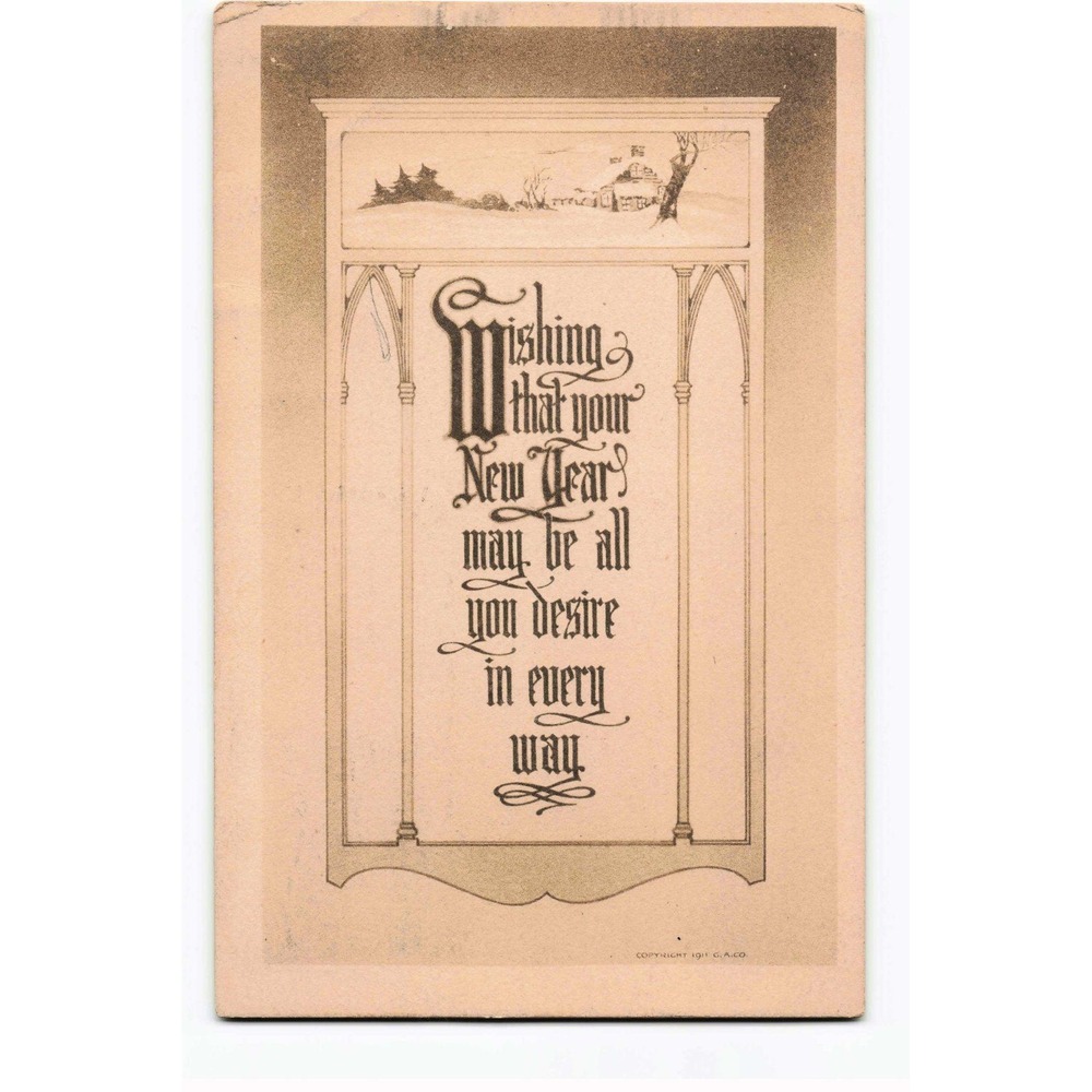 Vintage 1911 New Year Postcard Gibson Art Co Winter Scene Gothic Script VG